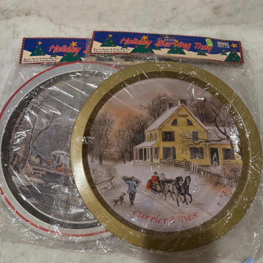 Holiday‎ Serving Tray Currier & Ives Winter Scene Metal 13" Round Christmas